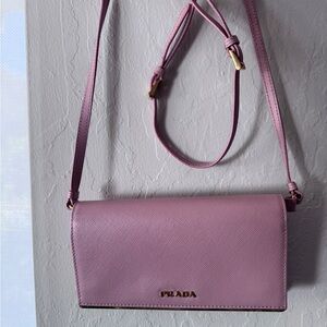 Prada Blush Pink (Rosa) Saffiano Leather Crossbody Wallet on Chain Bag
